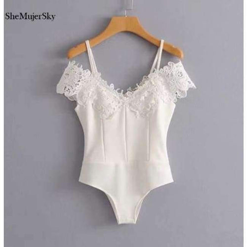 Planet Gates 001 / L White Lace Bodysuit Women Spaghetti Strap Cold Shoulder Bodysuits 2018 Bodies Woman Sexy Jumpsuit
