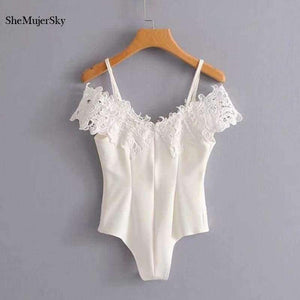 Planet Gates 001 / L White Lace Bodysuit Women Spaghetti Strap Cold Shoulder Bodysuits 2018 Bodies Woman Sexy Jumpsuit