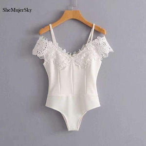 Planet Gates 001 / L White Lace Bodysuit Women Spaghetti Strap Cold Shoulder Bodysuits 2018 Bodies Woman Sexy Jumpsuit