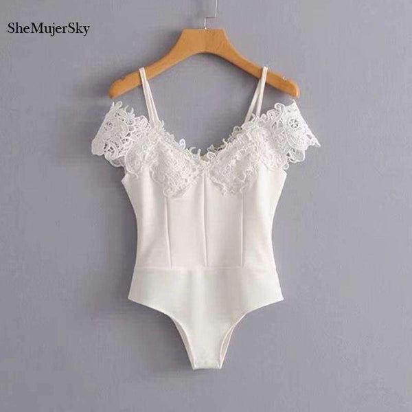 Planet Gates 001 / L White Lace Bodysuit Women Spaghetti Strap Cold Shoulder Bodysuits 2018 Bodies Woman Sexy Jumpsuit