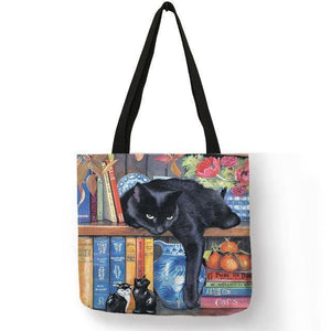 Planet Gates 001 Oil Painting Cat Print Women Tote Bags Linen Reusable Shopping Bag Shoulder Bags for Women 2018 	 sac a main ladies handbags