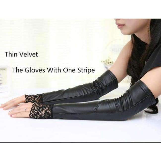 Planet Gates 2018 Women Gloves Sexy Lace Female Leather Fingerless Long Lace Gloves Sleeves Plus Thick Velvet Black Women Gloves AGB171