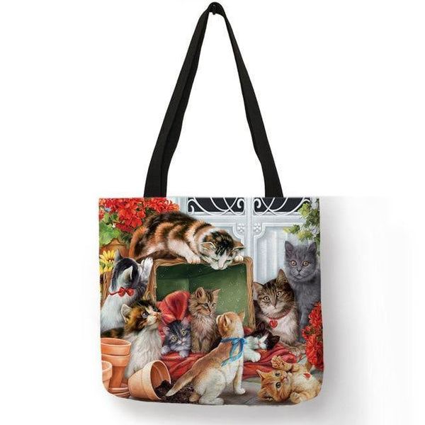 Planet Gates 002 Oil Painting Cat Print Women Tote Bags Linen Reusable Shopping Bag Shoulder Bags for Women 2018 	 sac a main ladies handbags
