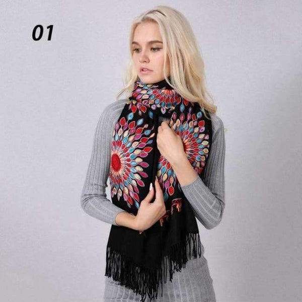 Planet Gates 01 Black / One Size Women Quality Soft Cashmere Scarves Sun Flower Embroidery Warm Long Shawls Winter Knitted Scarf All Match Pashmina Wrap