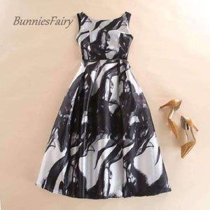 Planet Gates 01 / L Celebrity-inspired Women Elegant Vintage Ink Painting Floral Print High Waist Midi Flare Dress Vestido de Fiesta