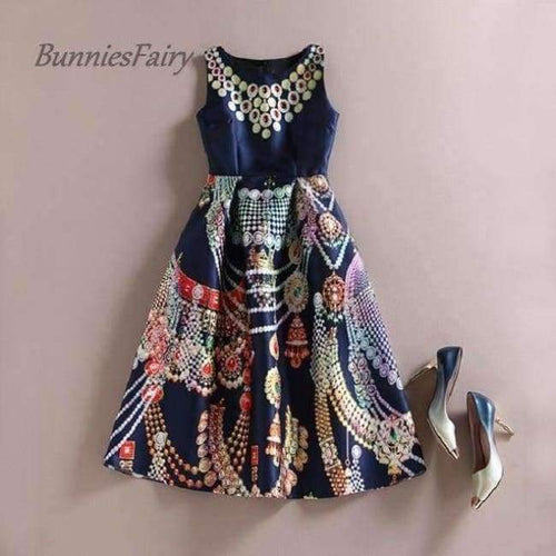 Planet Gates 01 / L Celebrity-inspired Women Elegant Vintage Retro Flower Floral Print Vest Dresses Sleeveless O-Neck Vestido de Fiesta