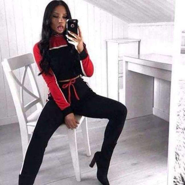 Planet Gates 01 red / S Colors Patchwork Two Piece Women Sets Tracksuit 2018 Autumn Winter Striped Sweatshirts Crop Tops Legging Suits Sporty