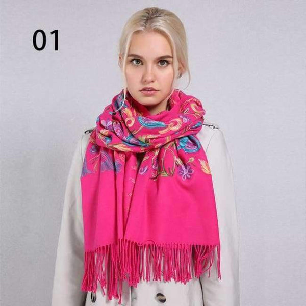 Planet Gates 01 Rose Red / One Size Women Cashmere Embroidery Pashmina Long Winter Scarf Soft Tassel Warm Wraps Knitted Floral Female Autumn Scarves