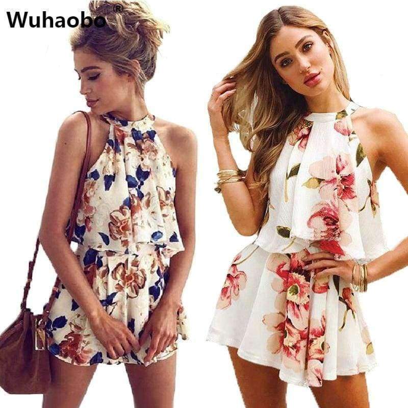 Planet Gates 01 Striped / S Off Shoulder Floral Print Summer Playsuit Women 2018 Halter Sleeveless Ruffles Wide Leg Short Jumpsuit Beachwear Overalls