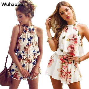 Planet Gates 01 Striped / S Off Shoulder Floral Print Summer Playsuit Women 2018 Halter Sleeveless Ruffles Wide Leg Short Jumpsuit Beachwear Overalls