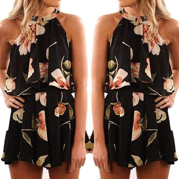 Planet Gates 01 Striped / S Off Shoulder Floral Print Summer Playsuit Women 2018 Halter Sleeveless Ruffles Wide Leg Short Jumpsuit Beachwear Overalls