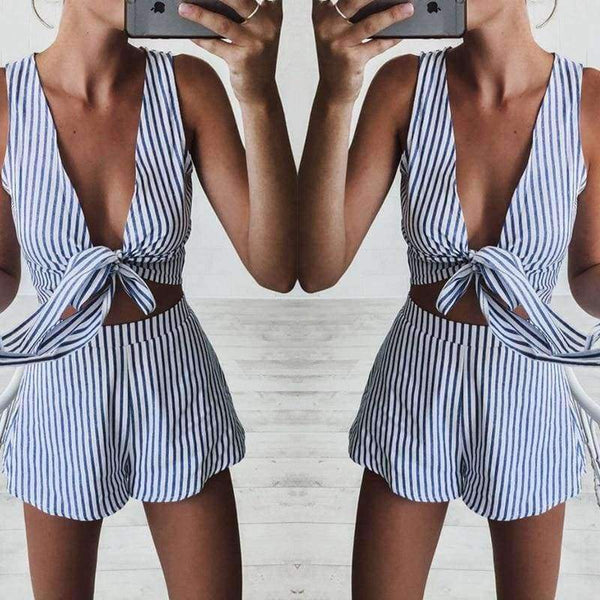 Planet Gates 01 Striped / S Off Shoulder Floral Print Summer Playsuit Women 2018 Halter Sleeveless Ruffles Wide Leg Short Jumpsuit Beachwear Overalls