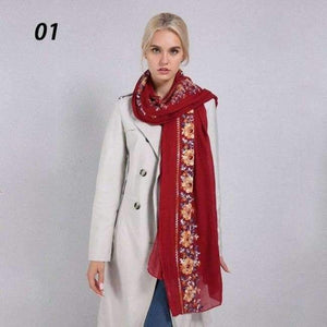 Planet Gates 01 Wine Red / One Size Women Cotton Linen Blend Scarves Flowers Embroidery Shawls Basic Floral Print Pashmina Scarf Ladies Wraps Size 180*90cm