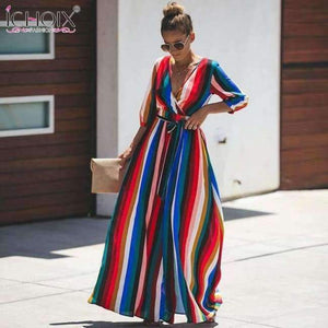 Planet Gates 01 / XXL Autumn Women Long Party Dress Sexy V neck Colorful Striped Female Maxi Chiffon Dress Bandage Boho Floor Length Wrap Dresses
