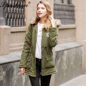 Planet Gates 01 / XXL New Autumn Winter Jacket Women Army Green Hooded Cotton Padded Jackets Slim Women Winter Warm Jackets Coat Pockets Women