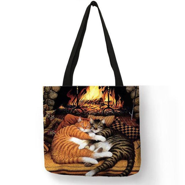 Planet Gates 010 Oil Painting Cat Print Women Tote Bags Linen Reusable Shopping Bag Shoulder Bags for Women 2018 	 sac a main ladies handbags