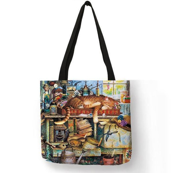 Planet Gates 014 Oil Painting Cat Print Women Tote Bags Linen Reusable Shopping Bag Shoulder Bags for Women 2018 	 sac a main ladies handbags