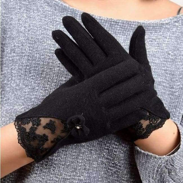 Planet Gates 02 black Women Lace Embroidered Wool Gloves New Winter Thick Ladies Bow-knot Ladies Gloves Grey And Pink Elegant Soft Mittens Gloves