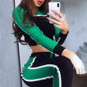 Planet Gates 02 green / L Long Sleeve Crop Tops And Legging Two Piece Sets Women 2018 Autumn Winter Streetwear Patchwork Pink Sporty Women Suit