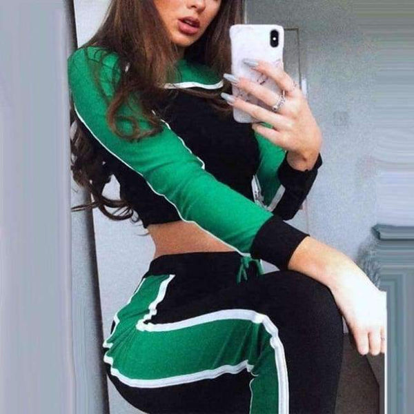 Planet Gates 02 green / S Colors Patchwork Two Piece Women Sets Tracksuit 2018 Autumn Winter Striped Sweatshirts Crop Tops Legging Suits Sporty