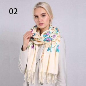 Planet Gates 02 Mi White / One Size Women Cashmere Embroidery Pashmina Long Winter Scarf Soft Tassel Warm Wraps Knitted Floral Female Autumn Scarves
