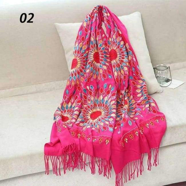 Planet Gates 02 Rose Red / One Size Women Quality Soft Cashmere Scarves Sun Flower Embroidery Warm Long Shawls Winter Knitted Scarf All Match Pashmina Wrap