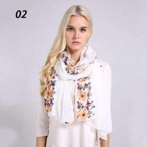 Planet Gates 02 White / One Size Women Cotton Linen Blend Scarves Flowers Embroidery Shawls Basic Floral Print Pashmina Scarf Ladies Wraps Size 180*90cm