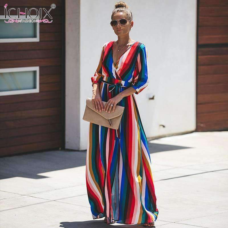 Planet Gates 02 / XXL Autumn Women Long Party Dress Sexy V neck Colorful Striped Female Maxi Chiffon Dress Bandage Boho Floor Length Wrap Dresses
