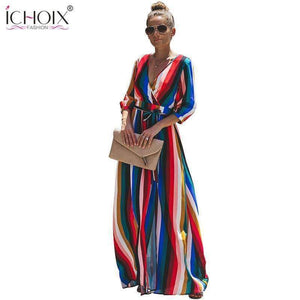 Planet Gates 02 / XXL Autumn Women Long Party Dress Sexy V neck Colorful Striped Female Maxi Chiffon Dress Bandage Boho Floor Length Wrap Dresses