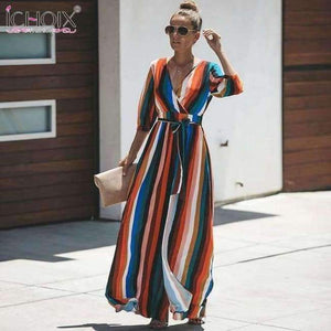 Planet Gates 02 / XXL Autumn Women Long Party Dress Sexy V neck Colorful Striped Female Maxi Chiffon Dress Bandage Boho Floor Length Wrap Dresses