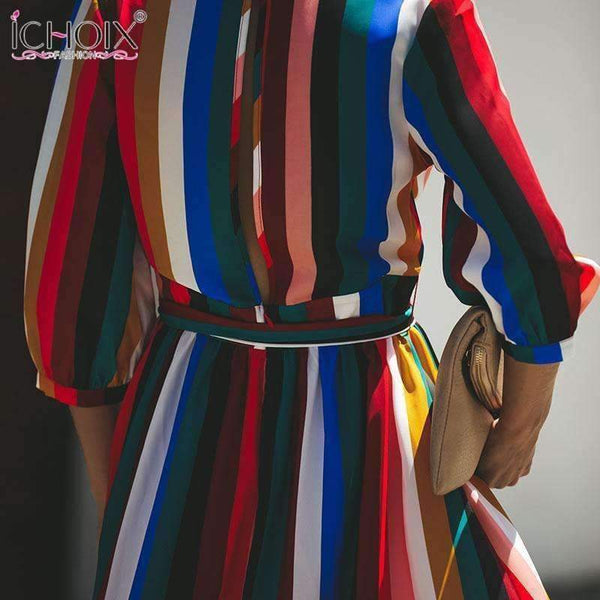 Planet Gates 02 / XXL Autumn Women Long Party Dress Sexy V neck Colorful Striped Female Maxi Chiffon Dress Bandage Boho Floor Length Wrap Dresses