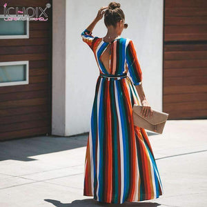 Planet Gates 02 / XXL Autumn Women Long Party Dress Sexy V neck Colorful Striped Female Maxi Chiffon Dress Bandage Boho Floor Length Wrap Dresses
