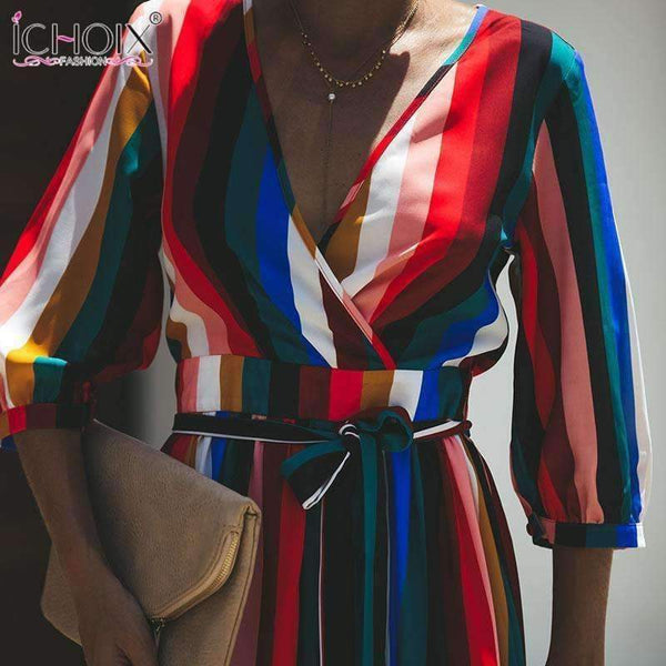 Planet Gates 02 / XXL Autumn Women Long Party Dress Sexy V neck Colorful Striped Female Maxi Chiffon Dress Bandage Boho Floor Length Wrap Dresses