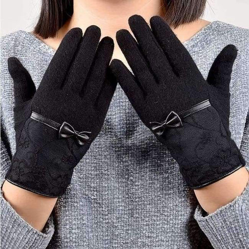 Planet Gates 03 black Women Lace Embroidered Wool Gloves New Winter Thick Ladies Bow-knot Ladies Gloves Grey And Pink Elegant Soft Mittens Gloves