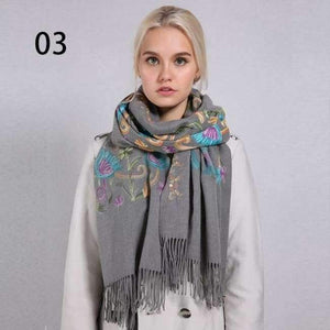 Planet Gates 03 Dark Gray / One Size Women Cashmere Embroidery Pashmina Long Winter Scarf Soft Tassel Warm Wraps Knitted Floral Female Autumn Scarves
