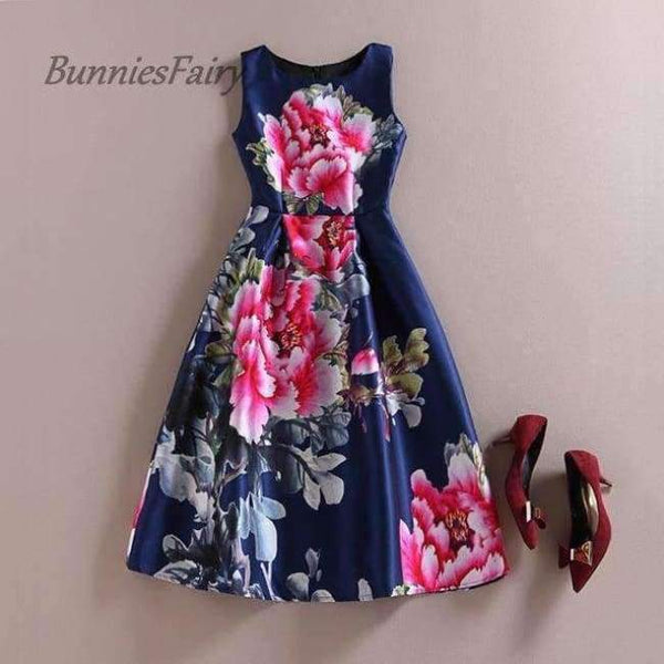 Planet Gates 03 / L Celebrity-inspired Women Elegant Vintage Retro Flower Floral Print Vest Dresses Sleeveless O-Neck Vestido de Fiesta