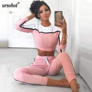 Planet Gates 03 pink / L Long Sleeve Crop Tops And Legging Two Piece Sets Women 2018 Autumn Winter Streetwear Patchwork Pink Sporty Women Suit