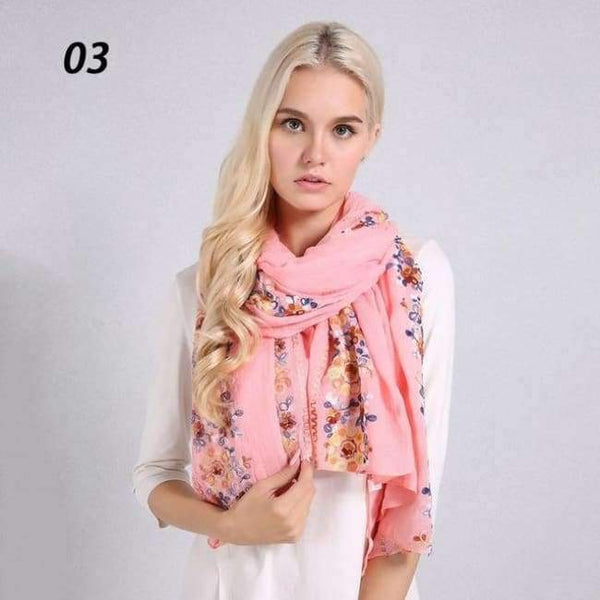 Planet Gates 03 Pink / One Size Women Cotton Linen Blend Scarves Flowers Embroidery Shawls Basic Floral Print Pashmina Scarf Ladies Wraps Size 180*90cm
