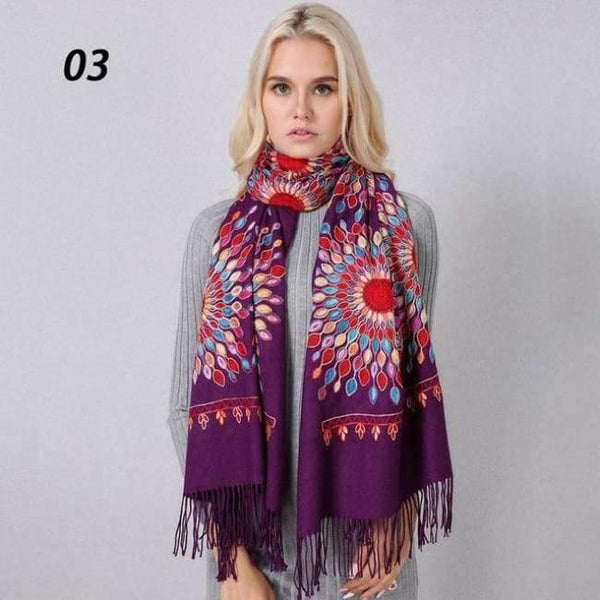 Planet Gates 03 Purple / One Size Women Quality Soft Cashmere Scarves Sun Flower Embroidery Warm Long Shawls Winter Knitted Scarf All Match Pashmina Wrap