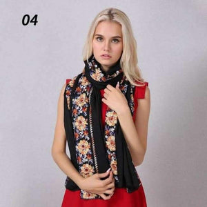 Planet Gates 04 Black / One Size Women Cotton Linen Blend Scarves Flowers Embroidery Shawls Basic Floral Print Pashmina Scarf Ladies Wraps Size 180*90cm