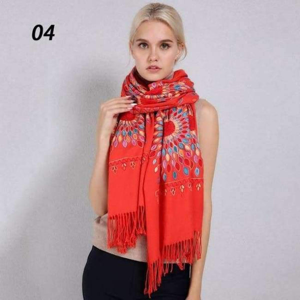 Planet Gates 04 Orange Red / One Size Women Quality Soft Cashmere Scarves Sun Flower Embroidery Warm Long Shawls Winter Knitted Scarf All Match Pashmina Wrap