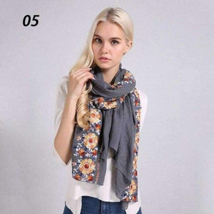 Planet Gates 05 Grey / One Size Women Cotton Linen Blend Scarves Flowers Embroidery Shawls Basic Floral Print Pashmina Scarf Ladies Wraps Size 180*90cm