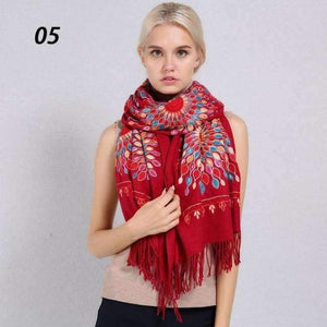 Planet Gates 05 Wine Red / One Size Women Quality Soft Cashmere Scarves Sun Flower Embroidery Warm Long Shawls Winter Knitted Scarf All Match Pashmina Wrap