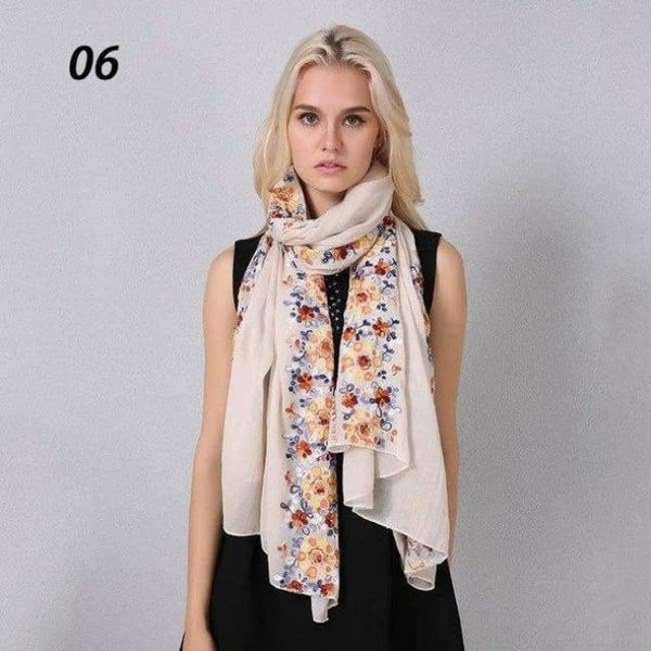 Planet Gates 06 Beige / One Size Women Cotton Linen Blend Scarves Flowers Embroidery Shawls Basic Floral Print Pashmina Scarf Ladies Wraps Size 180*90cm