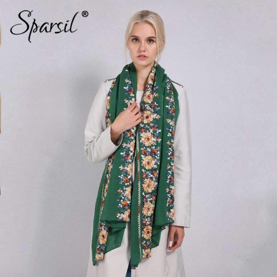 Planet Gates 07 Dark Green / One Size Women Cotton Linen Blend Scarves Flowers Embroidery Shawls Basic Floral Print Pashmina Scarf Ladies Wraps Size 180*90cm