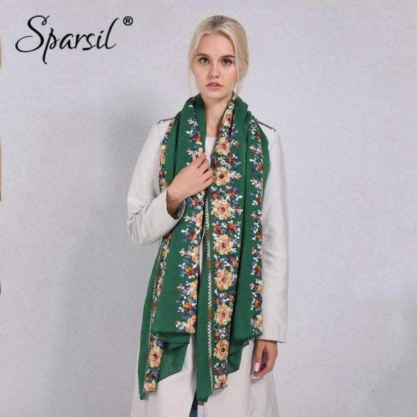 Planet Gates 07 Dark Green / One Size Women Cotton Linen Blend Scarves Flowers Embroidery Shawls Basic Floral Print Pashmina Scarf Ladies Wraps Size 180*90cm