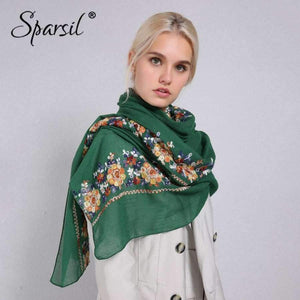 Planet Gates 07 Dark Green / One Size Women Cotton Linen Blend Scarves Flowers Embroidery Shawls Basic Floral Print Pashmina Scarf Ladies Wraps Size 180*90cm