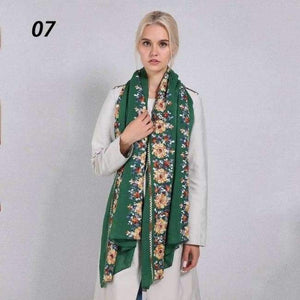 Planet Gates 07 Dark Green / One Size Women Cotton Linen Blend Scarves Flowers Embroidery Shawls Basic Floral Print Pashmina Scarf Ladies Wraps Size 180*90cm