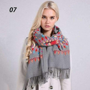 Planet Gates 07 Deep Gray / One Size Women Quality Soft Cashmere Scarves Sun Flower Embroidery Warm Long Shawls Winter Knitted Scarf All Match Pashmina Wrap