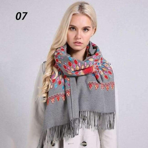 Planet Gates 07 Deep Gray / One Size Women Quality Soft Cashmere Scarves Sun Flower Embroidery Warm Long Shawls Winter Knitted Scarf All Match Pashmina Wrap